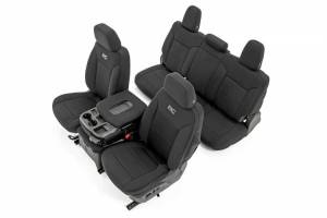 Rough Country - 91037 | Rough Country Neoprene Seat Covers | First & Second Row, With Backseat Storage & Cup Holder (2019-2025 Silverado, Sierra 1500 2WD/4WD)