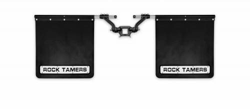 Rock Tamers - 00110 | Rock Tamers Hitch Receiver Mounted 2.5" Hub Mud Flap System | Matte Black/Stainless Steel Trim Plates