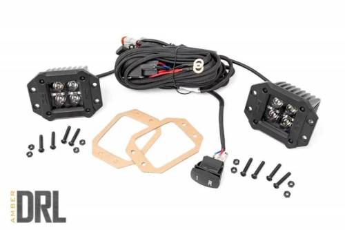 Rough Country - 70803BLKDRLA | 2-inch Square Flush Mount Cree LED Lights - (Pair | Black Series w/ Amber DRL)