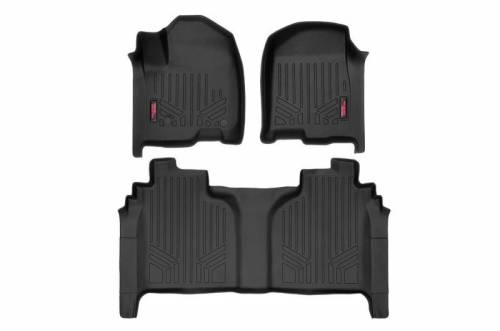 Rough Country - M-21612 | Rough Country Floor Mats For Chevrolet Silverado/GMC Sierra 1500/2500 HD/3500 HD (2019-2025) | Front & Second Row, Front Bucket Seats, Factory Under Seat Storage, Crew Cab
