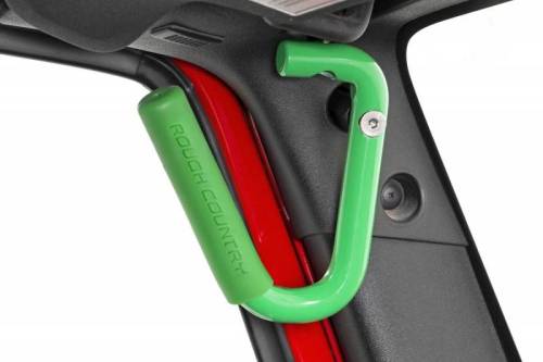 Rough Country - 6501GREEN | Jeep Front Solid Steel Grab Handles (07-18 Wrangler JK | Green)