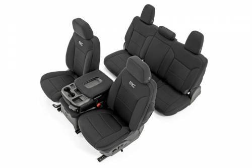 Rough Country - 91037 | Rough Country Neoprene Seat Covers | First & Second Row, With Backseat Storage & Cup Holder (2019-2025 Silverado, Sierra 1500 2WD/4WD)