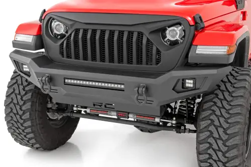 Rough Country - 10635 | Rough Country Front Bumper & Skid Plate With Flush Mount LED Pods & LED Light Bar For Jeep Gladiator JT / Wrangler 4xe, JK & JL Unlimited | 2018-2023