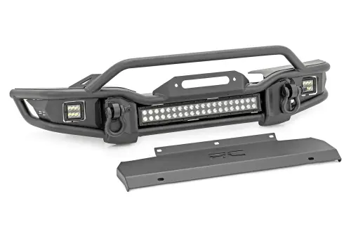Rough Country - 10647 | Rough Country Front Winch Tubular Bumper With Skid Plate, LED Pods & Light Bar For Jeep Gladiator JT / Wrangler 4xe, JK, JK Unlimited, JL, JL Unlimited | 2018-2023