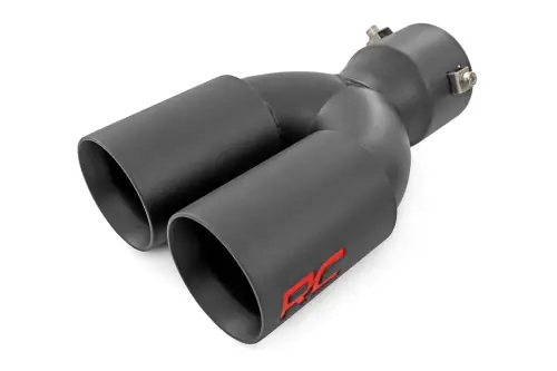 Rough Country - 96050 | Rough Country Exhaust Tip For 2.5-3 Inch Pipe With RC Logo | Black, Red RC Logo, Dual Outlet