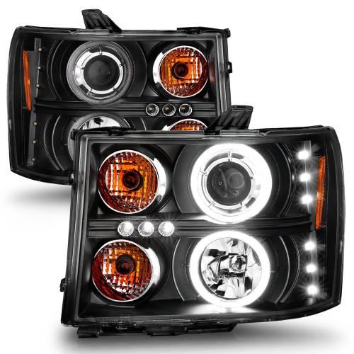 Anzo USA - 111125 | Anzo Projector Headlights Black with RX Halo (2007-2013 Sierra 1500, 2007-2014 Sierra 2500 HD, 3500 HD)