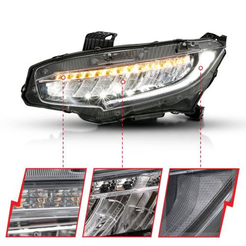 Anzo USA - 121527 | Anzo USA LED Projector Headlights Plank Style Black w/ Sequential Signal (2016-2018 Civic 4 Door)