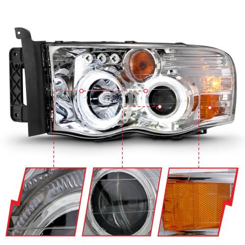 Anzo USA - 111491 | Anzo USA Projector Headlights w/ Halo Chrome Clear (2002-2005 Ram 1500 | 2003-2005 Ram 2500, 3500)