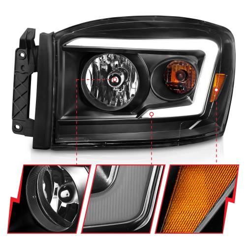 Anzo USA - 111524 | Anzo USA Crystal Headlight W/ Light Bar Black Housing Clear Lens (2006-2008 Ram 1500 | 2006-2009 Ram 2500, 3500)