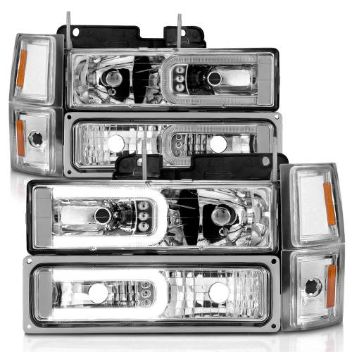 Anzo USA - 111529 | Anzo USA Crystal Headlights w/ Light Bar Chrome Housing w/ Signal & Side Markers 8pcs (1994-1998 C,K1500 | 1994-2000 C,K2500, 3500 | 1994-1999 Suburban, Tahoe)