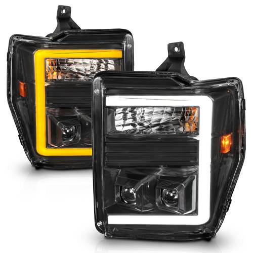 Anzo USA - 111586 | Anzo USA Projector Headlights w/ Light Bar Switchback Black Housing (2008-2010 F250, F350 Super Duty)