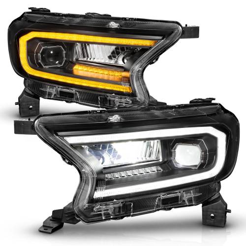 Anzo USA - 111613 | Anzo USA Full LED Black Housing w/DRL & Initiation Feature Sequential Signal Square Projector Headlights (2019-2023 Ranger)