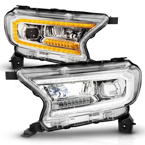 Anzo USA - 111614 | Anzo USA Full LED Chrome Housing w/DRL & Initiation Feature Sequential Signal Square Projector Headlights (2019-2023 Ranger)