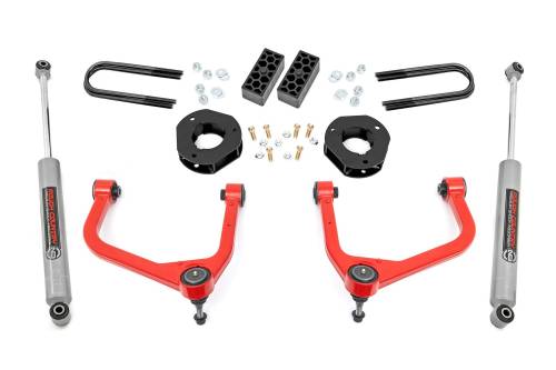 Rough Country - 28230RED | Rough Country 3.5 Inch Lift Kit With Red Control Arms Strut Spacers / N3 Rear Shocks (2019-2024 Silverado 1500 2WD/4WD | Mono Leaf Springs)