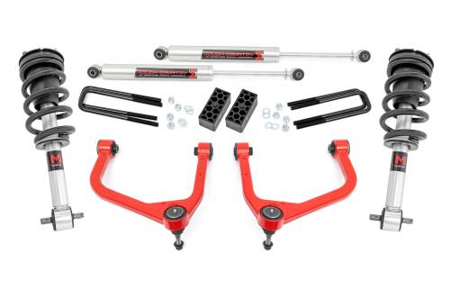 Rough Country - 29540RED | Rough Country 3.5 Inch Lift Kit With Red Control Arms M1 Struts / M1 Rear Shocks (2019-2024 Silverado 1500 2WD/4WD | Multi Leaf Springs)