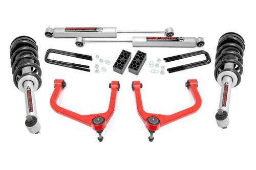 Rough Country - 29532RED | Rough Country 3.5 Inch Lift Kit With Red Control Arms N3 Struts / N3 Rear Shocks (2019-2024 Silverado 1500 2WD/4WD | Multi Leaf Springs)