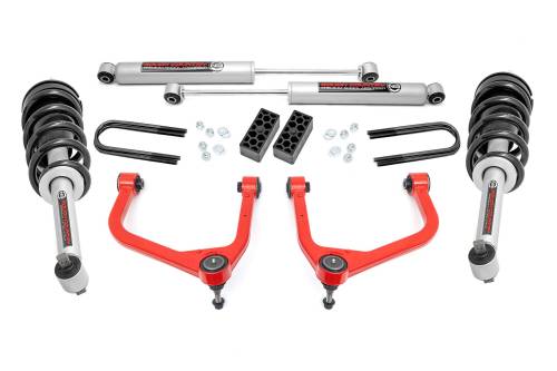 Rough Country - 28231RED | Rough Country 3.5 Inch Lift Kit With Red Control Arms N3 Struts / N3 Rear Shocks (2019-2024 Silverado 1500 2WD/4WD | Mono Leaf Springs)