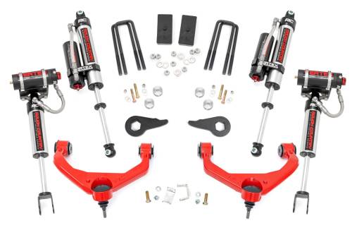 Rough Country - 97550RED | Rough Country 3.5 Inch Lift Kit For Chevrolet Silverado/GMC Sierra 2500HD/3500HD 2WD/4WD | Factory Rear Overload Springs, Red Finish Control Arm, Vertex Reservoir Shocks