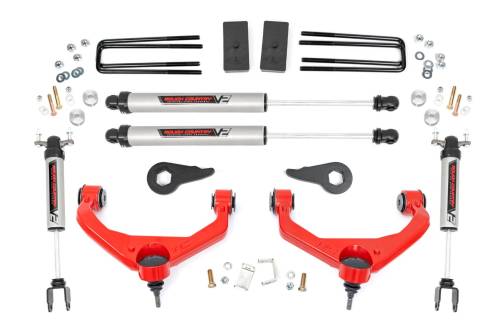 Rough Country - 97570RED | Rough Country 3.5 Inch Lift Kit For Chevrolet Silverado/GMC Sierra 2500HD/3500HD 2WD/4WD | Factory Rear Overload Springs, Red Finish Control Arm, V2 Monotube Shocks