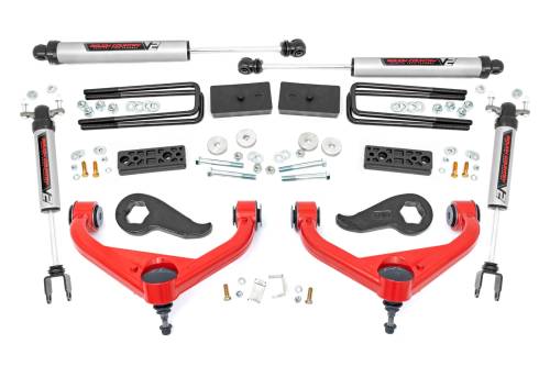 Rough Country - 97770RED | Rough Country 3 Inch Lift Kit Red Control Arms V2 Shocks (2020-2025 Silverado, Sierra 2500 HD With Factory Rear Overloads)