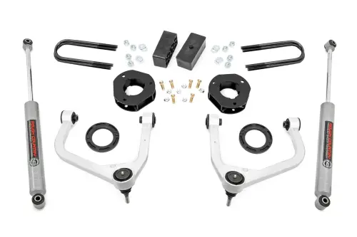 Rough Country - 110530 | Rough Country 3.5 Inch Lift Kit For GMC Sierra 1500 2WD/4WD | Aluminum Arm Finish, Rear Factory Mono-Leaf Springs, Strut Spacer With N3 Rear Shocks