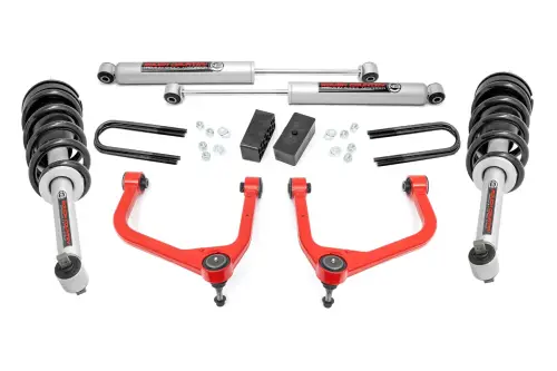 Rough Country - 110531RED | Rough Country 3.5 Inch Lift Kit For GMC Sierra 1500 2WD/4WD | Red Arm Finish, Rear Factory Mono-Leaf Springs, N3 Struts With N3 Rear Shocks