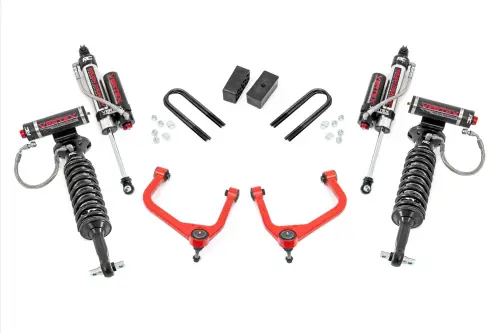 Rough Country - 110550RED | Rough Country 3.5 Inch Lift Kit For GMC Sierra 1500 2WD/4WD | Red Arm Finish, Rear Factory Mono-Leaf Springs, Vertex Coilovers With Vertex Shocks