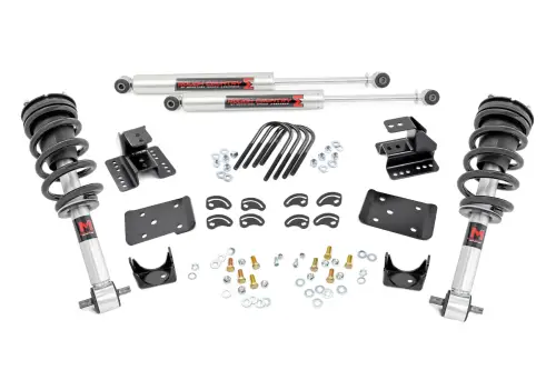 Rough Country - 71640 | Rough Country 2 Inch Lowering Kit For Chevrolet Silverado / GMC Sierra 1500 | 4 Inch Rear Lowering, Aluminum/Stamped Knuckle | M1 Monotube