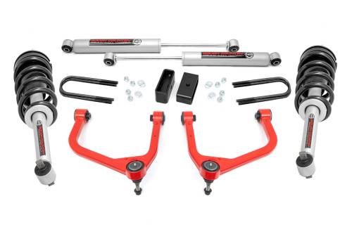 Rough Country - 28231RED_A | Rough Country 3.5 Inch Lift Kit For Chevrolet Silverado 1500 2WD/4WD | Red Finish Control Arm, Factory Rear Mono Leaf Spring, N3 Strut With N3 Rear Shocks