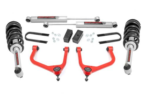 Rough Country - 28831RED_A | Rough Country 3.5 Inch Lift Kit GMC Sierra 1500 2WD/4WD | Red Finish Control Arm, Factory Rear Mono-Leaf Spring, N3 Struts With N3 Rear Shocks