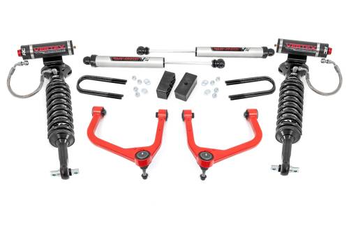 Rough Country - 28857RED_A | Rough Country 3.5 Inch Lift Kit GMC Sierra 1500 2WD/4WD | Red Finish Control Arm, Factory Rear Mono-Leaf Spring, Vertex Coilovers With V2 Rear Shocks