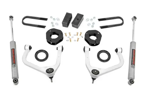 Rough Country - 28830_A | Rough Country 3.5 Inch Lift Kit For GMC Sierra 1500 2WD/4WD | Aluminum Finish Control Arm, Factory Mono Leaf Spring, Struts Spacers With N3 Rear Shocks