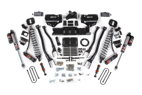 BDS Suspension - BDS1671PESB | BDS Suspension 4 Inch Lift Kit With 4 Link For Dodge Ram 3500 4WD | Diesel, Fox 2.5 Coil-Over Conversion Performance Elite, Rear Lift 2 Inch Black Kit With Overload Leaf, Front Fox 2.0 Hydro Bump Stop, 6 Bolt Indexing Ring