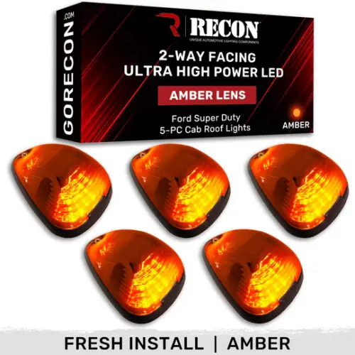 Recon Truck Accessories - 264143AMHPAM | Recon 5-Piece Amber Cab Roof Light Kit 2-Way Front & Rear Facing Ultra High-Power Amber LEDs Amber Lens (1999-2016 F250, F350 Super Duty For Models That DID NOT Come With Factory Cab Lights)