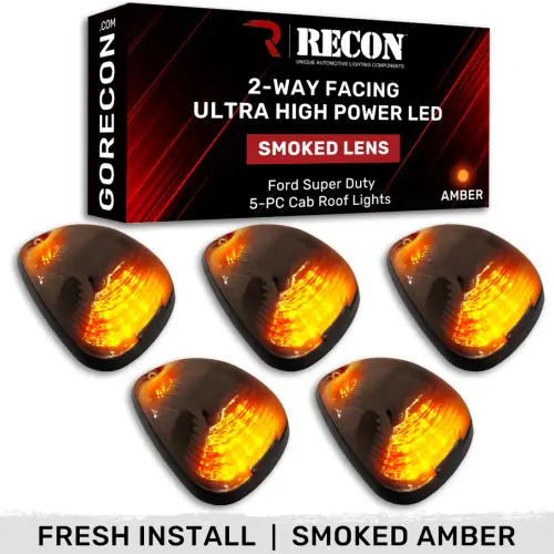 Recon Truck Accessories - 264143BKHPAM | Recon 5-Piece Smoked Cab Roof Light Kit 2-Way Front & Rear Facing Ultra High-Power Amber LEDs Smoked Lens (1999-2016 F250, F350 Super Duty For Models That DID NOT Come With Factory Cab Lights)
