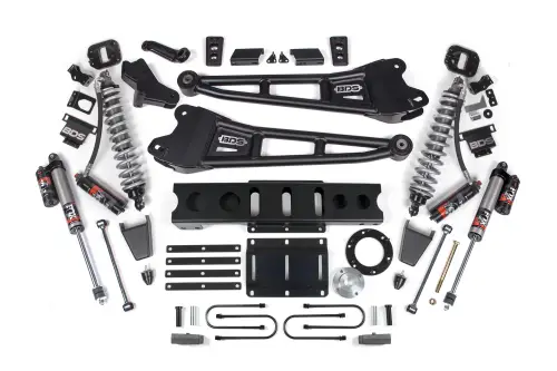 BDS Suspension - BDS2129PESB | BDS Suspension 4 Inch Lift Kit With Radius Arm For Ram 3500 4WD | Fox 2.5 Performance Elite Coil Over Conversion, Front Fox 2.0 Hydro Bump Stop, Indexing Ring 6 Bolt