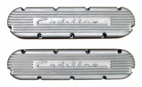 PML Covers - 11163-AC | PML Cover Valve Covers For CADILLAC 368, 425, 472, 500, 1949 Script and Fins | Natural As-Cast Finish