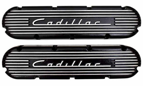 PML Covers - 11163-BK | PML Cover Valve Covers For CADILLAC 368, 425, 472, 500, 1949 Script and Fins | Black Powder Coat Finish
