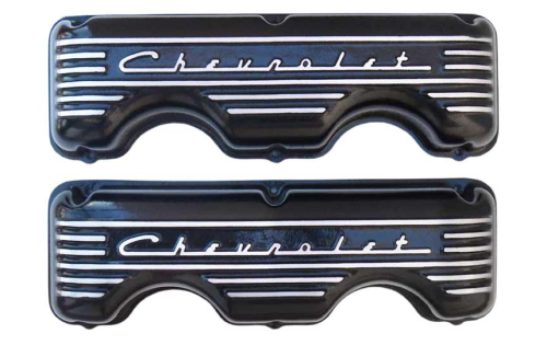 PML Covers - 10651-BK | PML Cover Valve Cover For CHEVROLET 348, 409, Raised Script and Fins | Black Powder Coat Finish