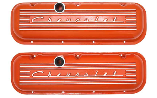 PML Covers - 9739-OR | PML Cover Valve Covers For Chevy Big Block, 396, 427, 454, 502, CHEVROLET Script, Tall | Orange Powder Coat Finish