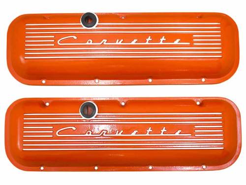 PML Covers - 9096-OR-2P | PML Cover Valve Covers For Chevy Big Block, 396, 427, 454, 502, CHEVROLET Script, Standard | Orange Powder Coat Finish