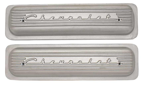 PML Covers - 11040-AC | PML Cover Valve Covers Center Bolt, CHEVROLET Script And Fins For Chevy Small Block, GM Generation II LT1 and LT4 Engines | Natural As-Cast Finish