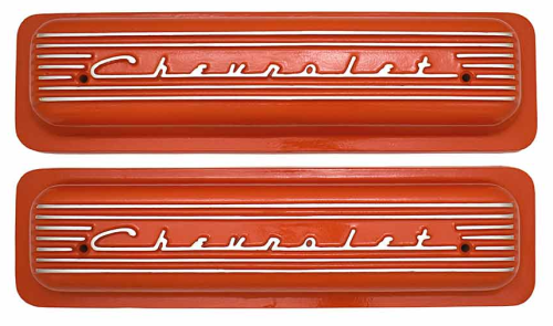 PML Covers - 11040-OR | PML Cover Valve Covers Center Bolt, CHEVROLET Script And Fins For Chevy Small Block, GM Generation II LT1 and LT4 Engines | Orange Powder Coat Finish