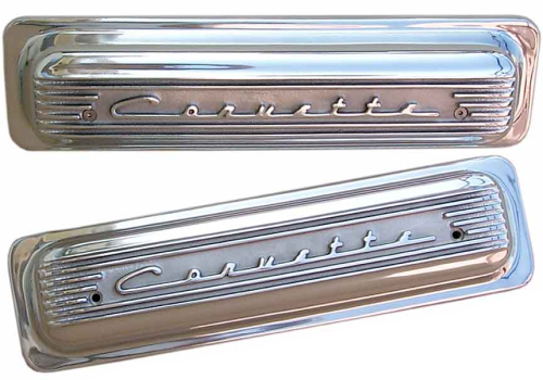 PML Covers - 11041-P | PML Cover Valve Covers Center Bolt, CORVETTE Script And Fins For Chevy Small Block, GM Generation II LT1 and LT4 Engines | Polish Finish