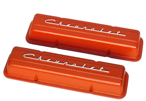 PML Covers - 11106-OR | PML Cover Valve Covers Chevy Small Block, 265, 283, 327, 350 & 400 Engines, CHEVROLET Script | Orange Powder Coat Finish