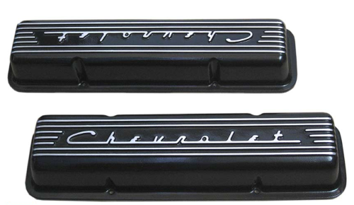 PML Covers - 10430-BK | PML Cover Valve Covers Chevy Small Block, 265, 283, 327, 350 & 400 Engines, CHEVROLET Script & Fins | Black Powder Coat Finish
