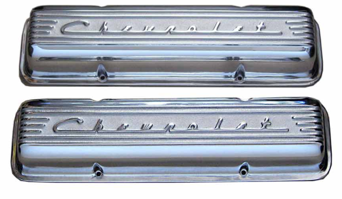 PML Covers - 10430-P | PML Cover Valve Covers Chevy Small Block, 265, 283, 327, 350 & 400 Engines, CHEVROLET Script & Fins | Polish Finish