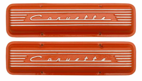 PML Covers - 11026-OR | PML Cover Valve Covers Chevy Small Block, 265, 283, 327, 350 & 400 Engines, CORVETTE Script & Fins | Orange Powder Coat Finish