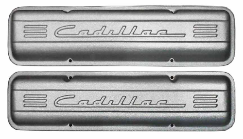PML Covers - 11107-AC | PML Cover Valve Covers Chevy Small Block, 265, 283, 327, 350 & 400 Engines, CADILLAC Script & Fins | Natural As-Cast Finish