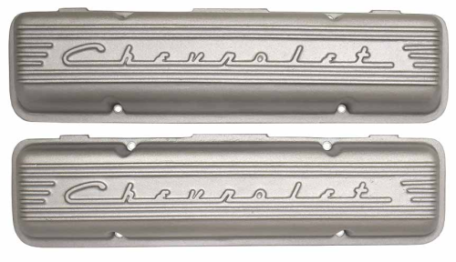 PML Covers - 11029-AC | PML Cover Valve Covers Chevy Small Block Engines From 1955 To 1959, CHEVROLET Script & Fins | Natural As-Cast Finish